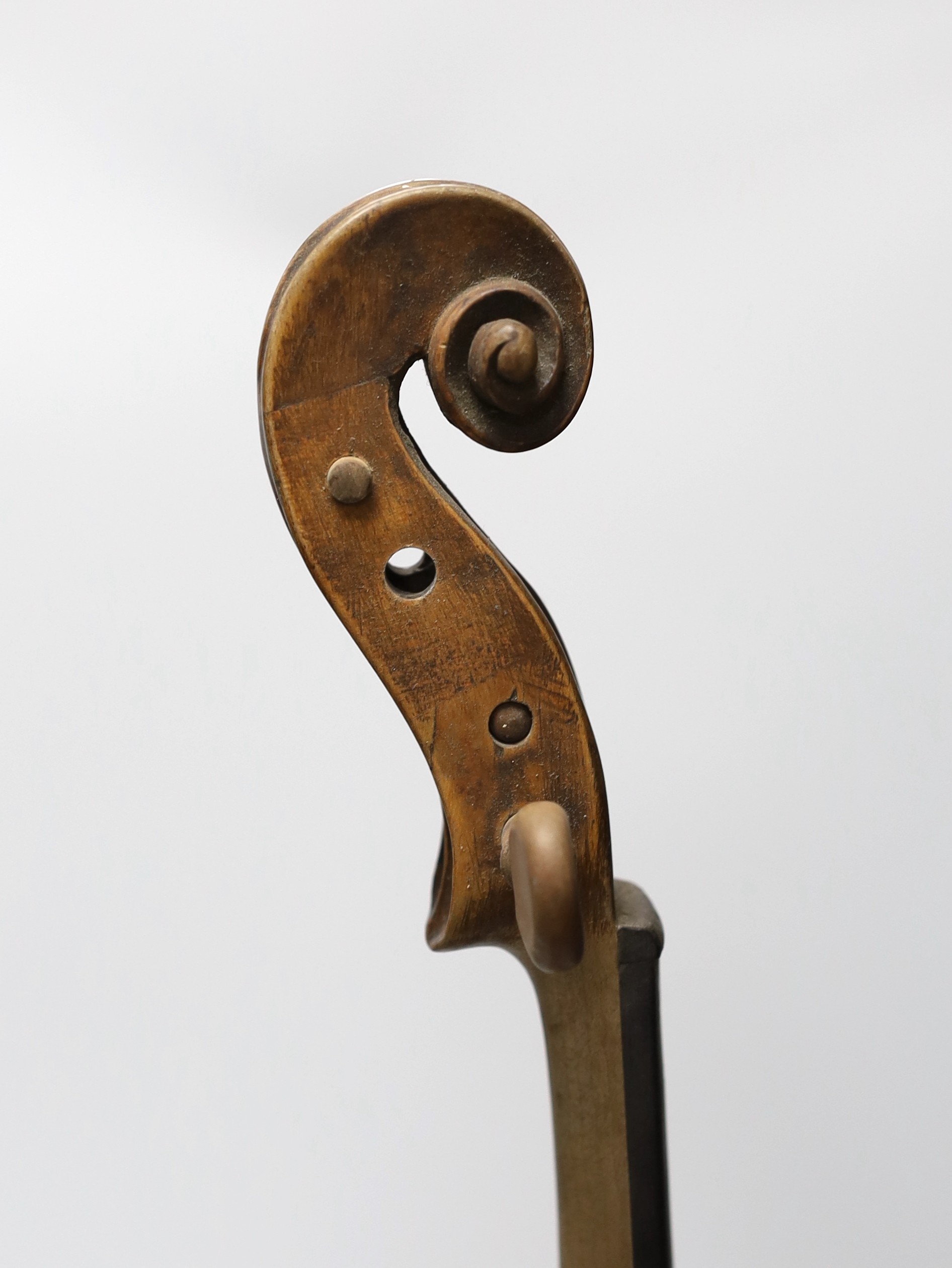 An 18th century German violin labelled Martin Leibmuller Mittenwalde, length of back 14ins, with a Cuniot-Hury Mirecourt bow (cites)